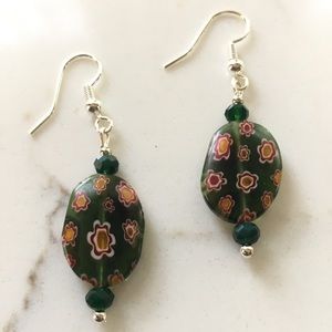 Dark green handmade millefiori earrings